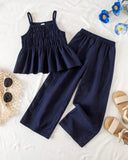 2pcs Blue Ruffle Trim Camisole & Wide Leg Pants