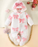 Newborn Baby Girls’ Pink Bow Print Hooded Flannel Jumpsuit