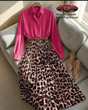 Women's Elegant Waist Cinched Slim Fit Leopard Print Pleated Flare Maxi Dress