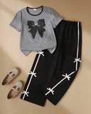 Girls Grey and Black Bow T-Shirt & Pants Set