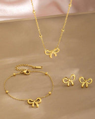 3pcs Elegant Stainless Steel Bow Pendant Necklace, Bracelet And Earrings Set