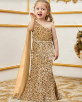 Luxury One-Shoulder Sequin Girls' Dress With Ultra-Long Chiffon Sleeves & Fish Tail Floor-Length Skirt
