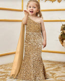 Luxury One-Shoulder Sequin Girls' Dress With Ultra-Long Chiffon Sleeves & Fish Tail Floor-Length Skirt