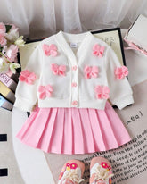 2pcs Baby Girl 3D Bow White Cardigan & Pink Skirt Set