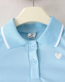 Girls Light Blue Heart Print Outfit Set – Sleeveless Polo Shirt & Pleated Skirt