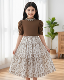 Tween Girl 2Pcs Outfit – Brown Faux Pearl Top & Floral Ruffle Skirt Set