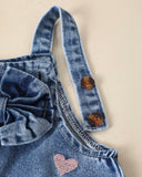 Girls Pink And White Heart Embroidered Denim Jumpsuit
