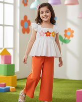2pcs White & Orange Colour Striped 3D Floral Embroidery Top And Straight Leg Pants