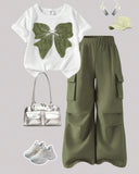 Girls’ Green Embroidered Bow White Short Sleeve Top & Cargo Pants Set