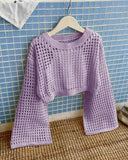 Tween Girls Lilac Color Crew Neck Long Sleeve Hollow Knitwear