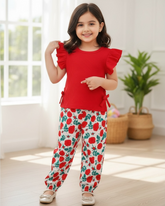 Baby Girls Red Striped Ruffle Sleeve T-Shirt & Floral Pants Set – 2pcs Summer Outfit