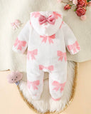 Newborn Baby Girls’ Pink Bow Print Hooded Flannel Jumpsuit