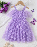 Girls’ Off-Shoulder Purple Butterfly Applique Mesh Dress