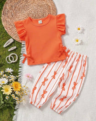 Baby Girls Orange Striped Ruffle Sleeve T-Shirt & Floral Pants Set