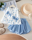 Girls 2-Piece 3D Bow Sleeveless Top & Blue Bloom Shorts Set
