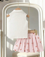 2pcs Baby Girl Cherry Embroidery Sleeveless Top & Short Pleated Skirt