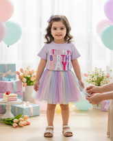 Girls Birthday Embroidery T-Shirt & Colorful Mesh Skirt 2-Piece Set