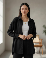 Women Buttoned Long Sleeve Casual Black Shirt