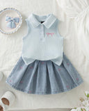 Girls’ Light Blue Sleeveless Polo Knit Top & Light Blue Denim Skirt