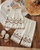 Baby Girls Sleeveless Co-Ord Set – Brown Printed Embroidered Hem Top & Wide-Leg Pants