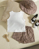 3pc Baby Boy Brown-Letter Print Vest, Brown Shorts & Matching Hat