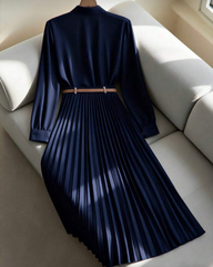 Solid Color Long Sleeve Shirt Paired With A-Line Skirt, Pleated Skirt Comes With Belt