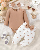 3pcs New Born Apricot Girls Ribbed Romper, Pants and Headband
