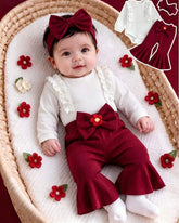 Baby Girls Comfortable Ruffle Long Sleeve Bodysuit With Bow Flare Pants And Headband Set