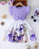 Girls’ Purple Summer Ruffled Sleeve Bow-Tie Butterfly Print Dress