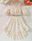 Girls’ 2pc Summer Floral Outfit Set – Camisole Top & Asymmetrical Hem Skirt
