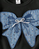 Girls Blue Bow Embroidery Black T-Shirt & Cargo Pants Set