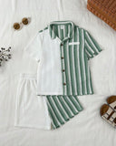 2pcs Boys Casual Green Striped Outfit Set – Short Sleeve Shirt & Matching Bottoms