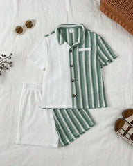 2pcs Boys Casual Green Striped Outfit Set – Short Sleeve Shirt & Matching Bottoms