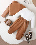 Baby Girl 3-Piece Brown & White Grunge Outfit Set – Graphic Jacket, Top & Pants