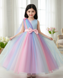 Girls Rainbow Ombre Pink Dress – Sleeveless Bow Tulle Puffy Long Gown