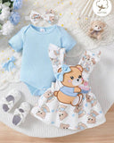 3pcs Baby Girls Sky Blue Ribbed Romper & Ruffled Overall Dress Set with Bow Headband