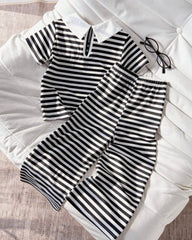 Kids 2pcs Knitted Striped Polo Set – Black & White
