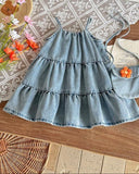 Baby Girls 3D Flower Decor Denim Dress & Bag Set