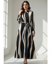 Women's Black Wave Striped Long Sleeve Casual Shirt Dress Maxi