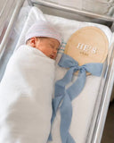 Wooden Baby Birth Announcement Sign – “He’s Here” / “She’s Here” with Ribbon