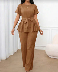 Women's 2 pcs Solid Color, Casual And Elegant Commuter Jacquard Fabric, Loose Waist A-Hem, Short-Sleeved Top And Loose Straight-Leg Pants