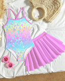 Girls Gradient Heart Print One-Piece Swimsuit with Skirt