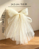 1PC Cream White Multi-Layer Tulle Rhinestone Bow Hair Clip