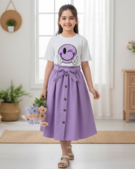 Smiley Printed Short Sleeve T-Shirt And Elastic Waist Skirt