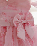 Girls Pink Floral Princess Dress with Petal Sleeves & Back Bow