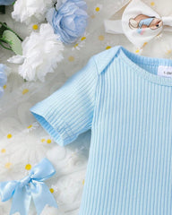 3pcs Baby Girls Sky Blue Ribbed Romper & Ruffled Overall Dress Set with Bow Headband