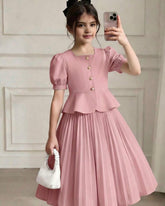 Girls’ 2pc Pink Square Collar Puff Sleeve Top & Pleated Skirt Set
