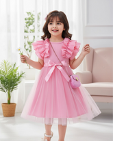 Young Girls Pink Cap Sleeve Mesh Dress