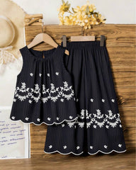 Girls Sleeveless Co-Ord Set – Black Printed Embroidered Hem Top & Wide-Leg Pants