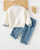 2pcs Baby Boy Bear Knit Pullover Sweatshirt & Dusty Blue Winter Pants